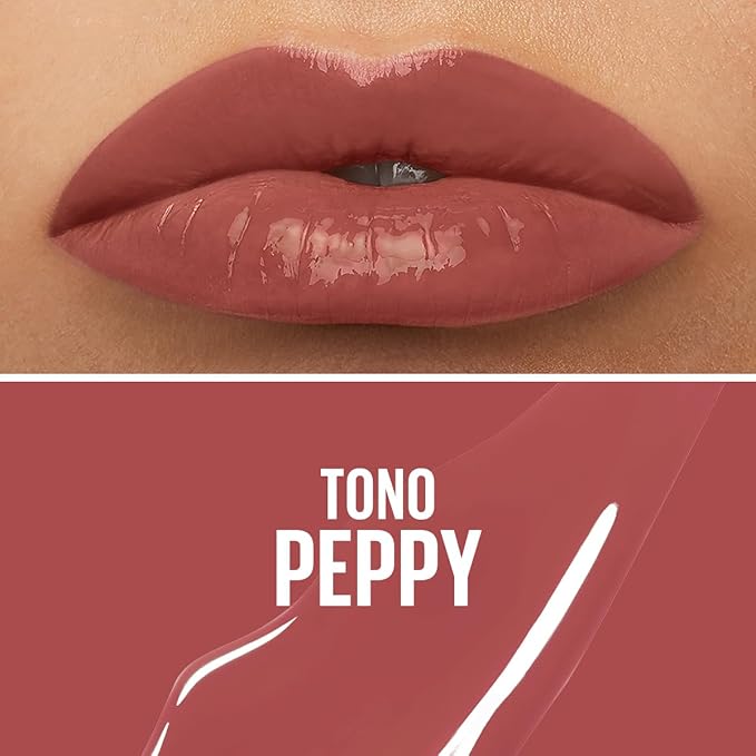 Maybelline Labial líquido brillante Superstay Vinyl Ink Tono Peppy, 4.2ml - Dura hasta por 16H, brillo instantáneo sin grumos, sin transferencias