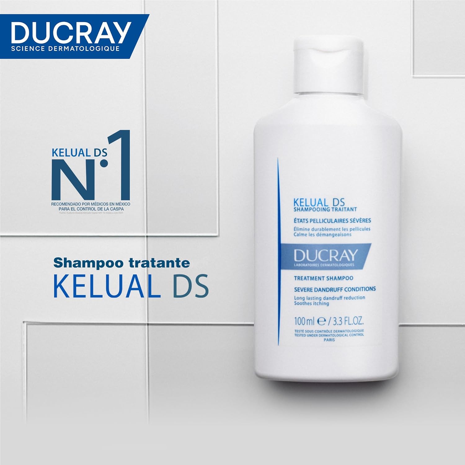 DUCRAY Kelual DS Shampoo Dermatológico Anticaspa, Alivia enrojecimiento y comezón, Ciclopiroxolamina y Piroctona Olamina, 100ml