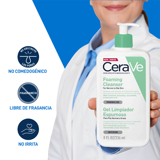 CeraVe Gel Limpiador Espumoso Diario para Piel Mixta, Grasa o con Acné 236ml