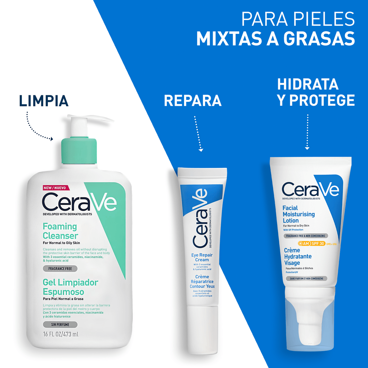 CeraVe Gel Limpiador Espumoso Diario para Piel Mixta, Grasa o con Acné 236ml