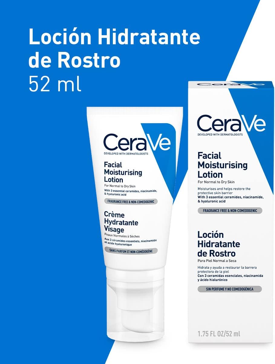 CeraVe Loción Hidratante de Rostro |52ml| Hidratante facial de noche con textura ultraligera | Libre de fragancia