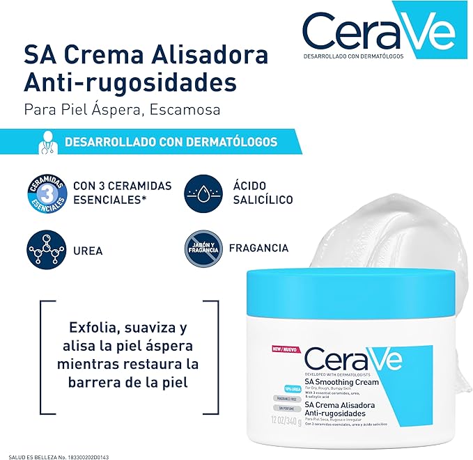 CeraVe Crema Alisadora Anti-Rugosidades con Fórmula Exfoliante para Piel Seca, Áspera y Rugosa 340gr