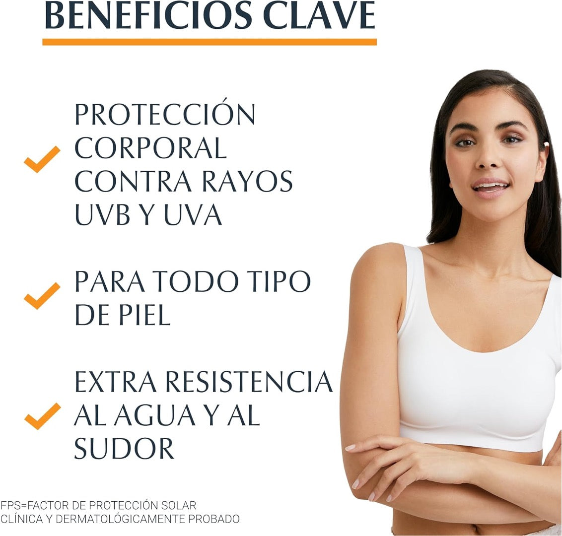 Eucerin Protector Solar Corporal Gel Cremal Oil Control FPS50 200ml Toque Seco, Rápida absorción sin sensación grasosa ni pegajosa, ideal para toda la familia. Resistente al agua y al sudor