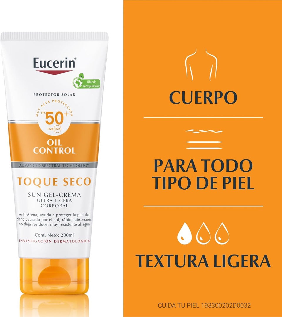 Eucerin Protector Solar Corporal Gel Cremal Oil Control FPS50 200ml Toque Seco, Rápida absorción sin sensación grasosa ni pegajosa, ideal para toda la familia. Resistente al agua y al sudor