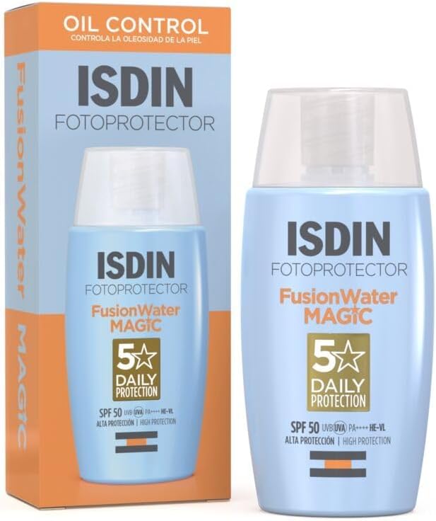 ISDIN Fotoprotector Fusion Water Magic SPF 50, Protector Solar Facial OIL CONTROL, de fase acuosa para uso diario, Textura ultra ligera, 50 ml
