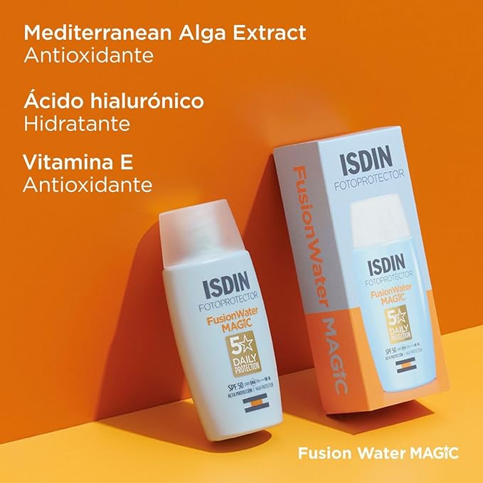 ISDIN Fotoprotector Fusion Water Magic SPF 50, Protector Solar Facial OIL CONTROL, de fase acuosa para uso diario, Textura ultra ligera, 50 ml