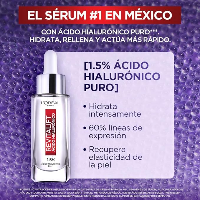 L'Oréal Paris, Sérum Rostro Revitalift Ácido Hialurónico hidrata intensamente y rellena líneas de expresión, 30ml