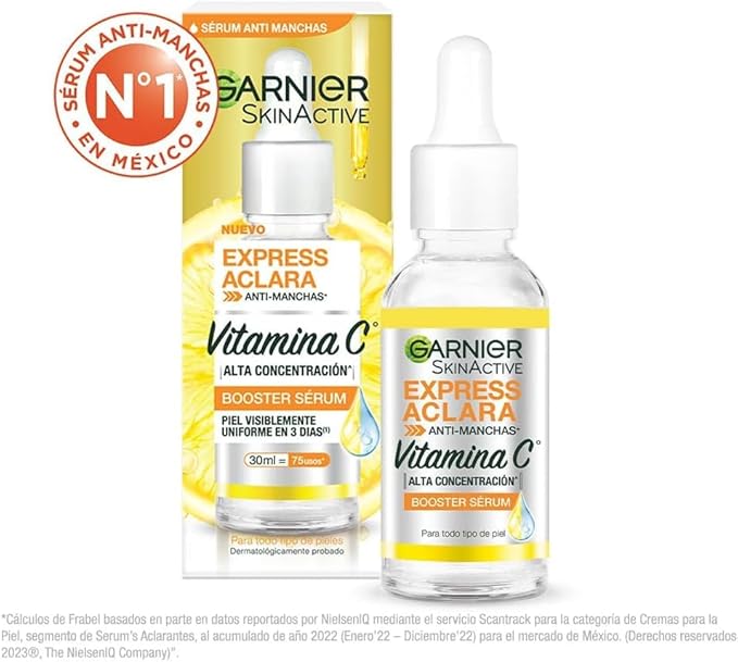Garnier Express Aclara Sérum facial Anti manchas con Vitamina C, 30ml. Hidrata, ilumina, unifica el tono de la piel y reduce las manchas oscuras