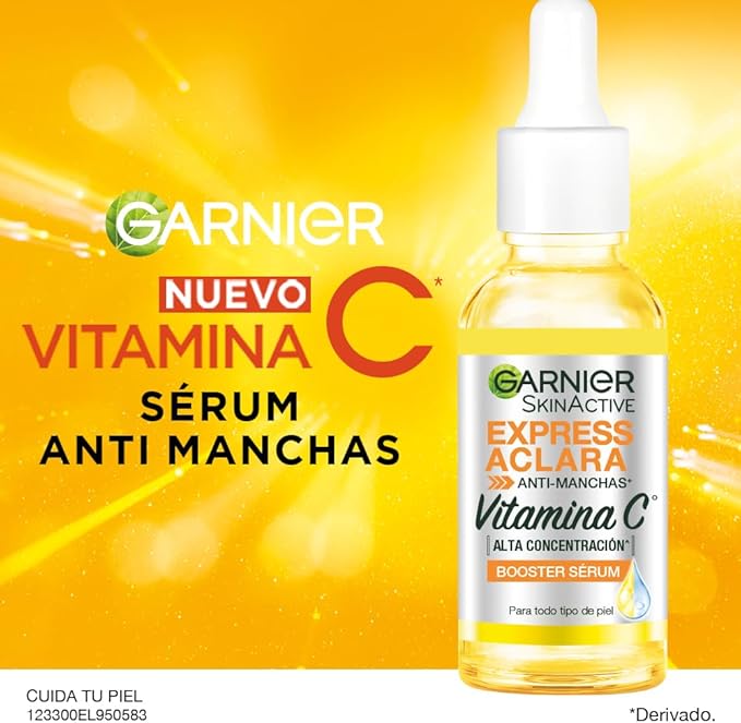 Garnier Express Aclara Sérum facial Anti manchas con Vitamina C, 30ml. Hidrata, ilumina, unifica el tono de la piel y reduce las manchas oscuras