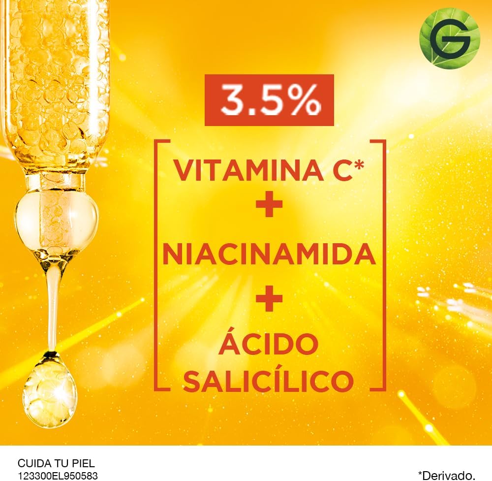 Garnier Express Aclara Sérum facial Anti manchas con Vitamina C, 30ml. Hidrata, ilumina, unifica el tono de la piel y reduce las manchas oscuras