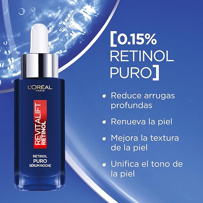 L'Oréal Paris Revitalift Sérum facial Noche con Retinol puro al 0.15%, 30ml - Reduce y previene arrugas profundas, renueva y mejora la textura de la piel, unifica el tono de piel, resultados visibles, rutina skin care