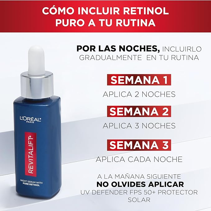L'Oréal Paris Revitalift Sérum facial Noche con Retinol puro al 0.15%, 30ml - Reduce y previene arrugas profundas, renueva y mejora la textura de la piel, unifica el tono de piel, resultados visibles, rutina skin care