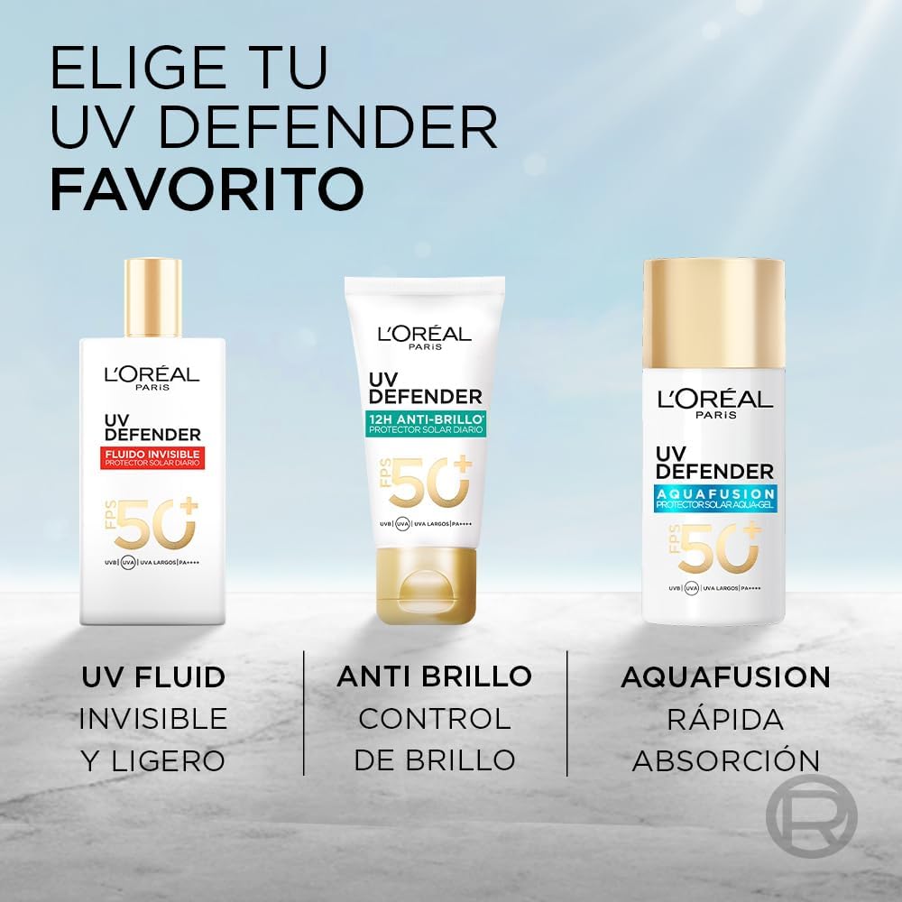 L'Oréal Paris, Protector Solar Diario FPS50+ UV Defender Fluido Invisible con ácido hialurónico, hidrata, previene líneas de expresión y protege de rayos UV, 40ml