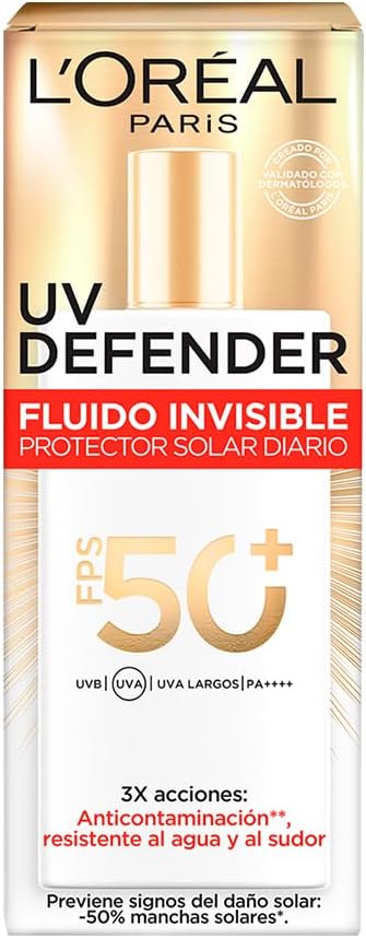 L'Oréal Paris, Protector Solar Diario FPS50+ UV Defender Fluido Invisible con ácido hialurónico, hidrata, previene líneas de expresión y protege de rayos UV, 40ml