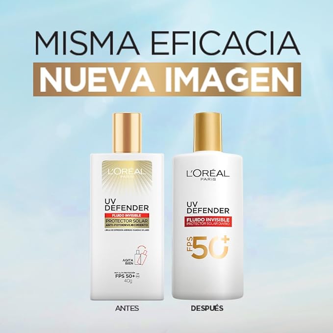 L'Oréal Paris, Protector Solar Diario FPS50+ UV Defender Fluido Invisible con ácido hialurónico, hidrata, previene líneas de expresión y protege de rayos UV, 40ml