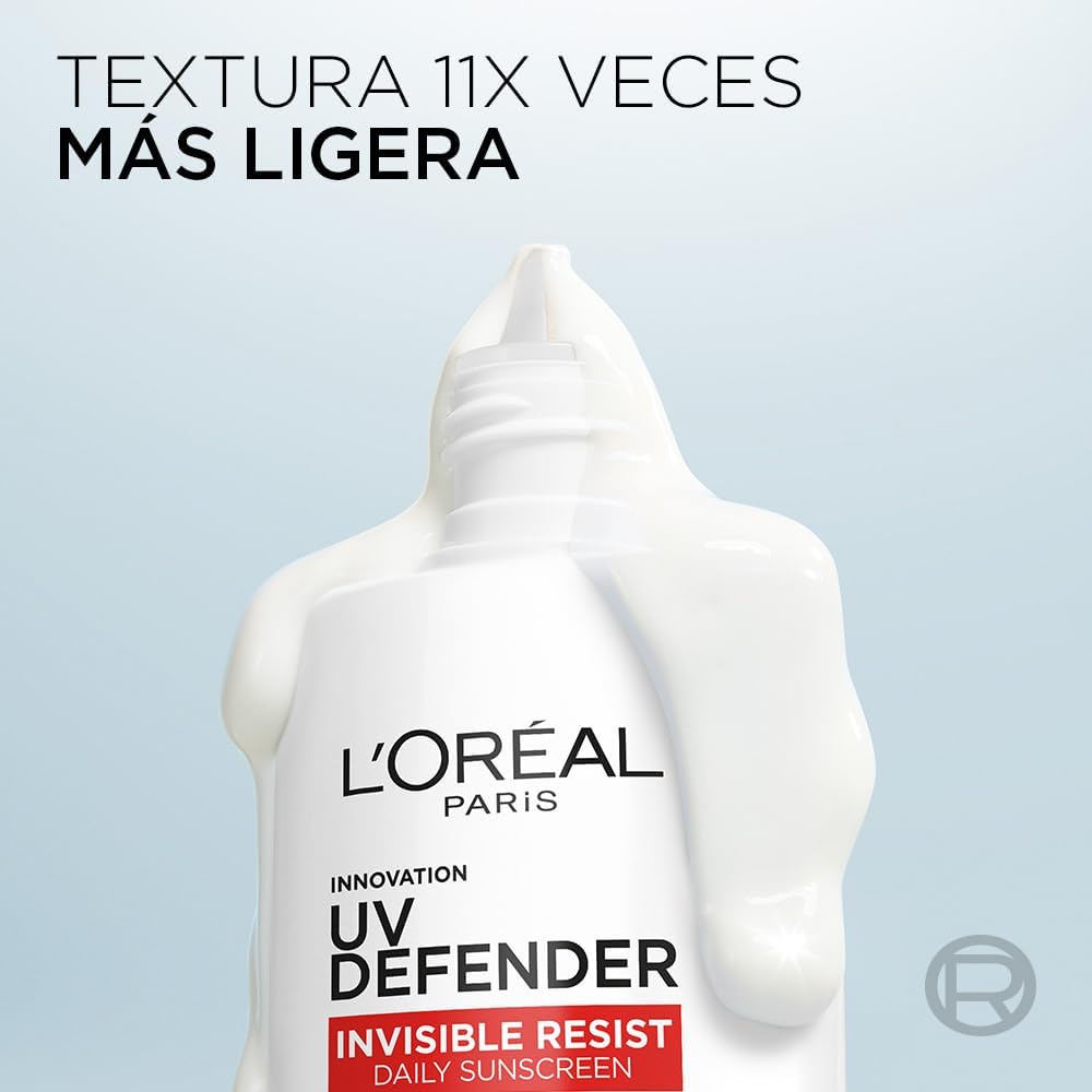 L'Oréal Paris, Protector Solar Diario FPS50+ UV Defender Fluido Invisible con ácido hialurónico, hidrata, previene líneas de expresión y protege de rayos UV, 40ml