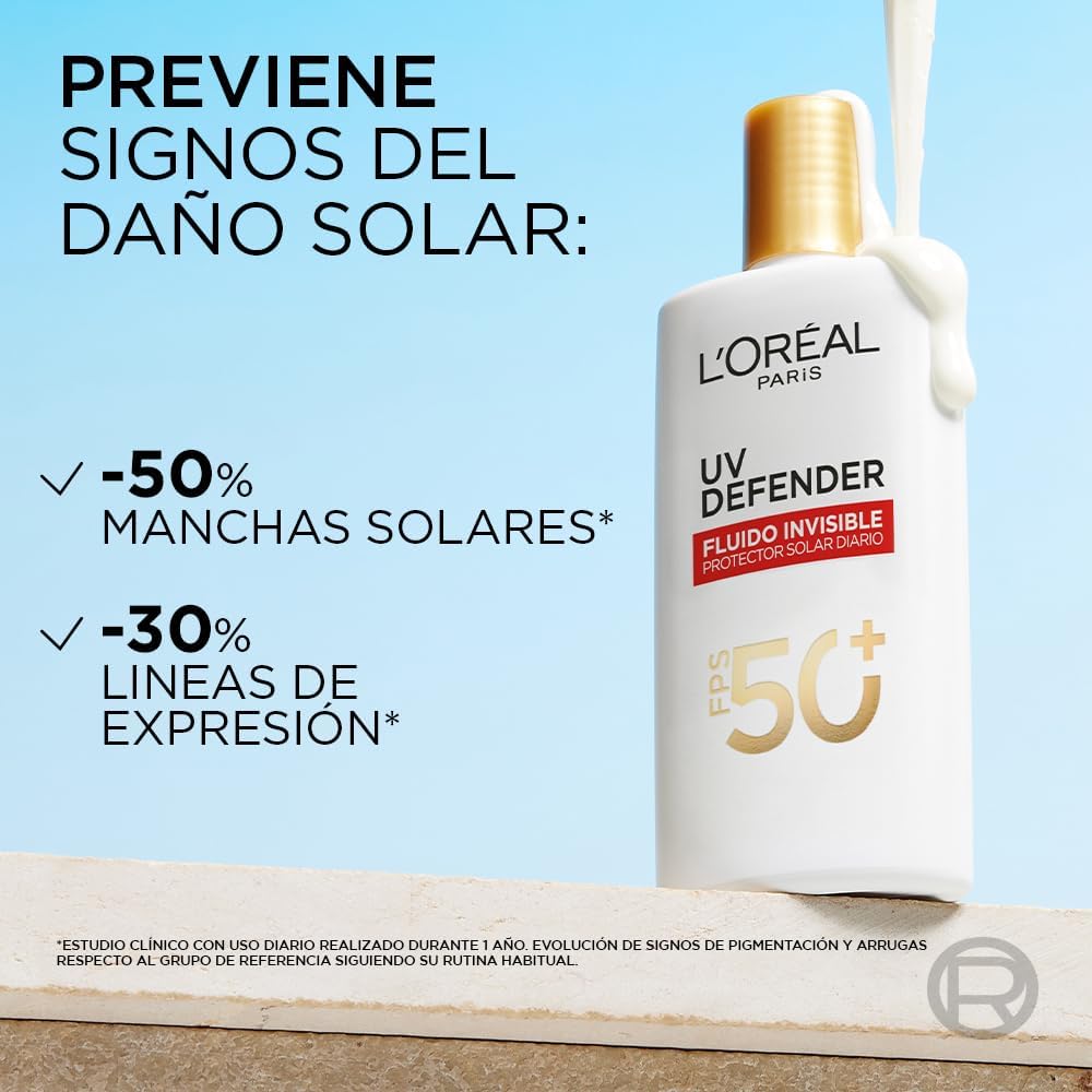 L'Oréal Paris, Protector Solar Diario FPS50+ UV Defender Fluido Invisible con ácido hialurónico, hidrata, previene líneas de expresión y protege de rayos UV, 40ml