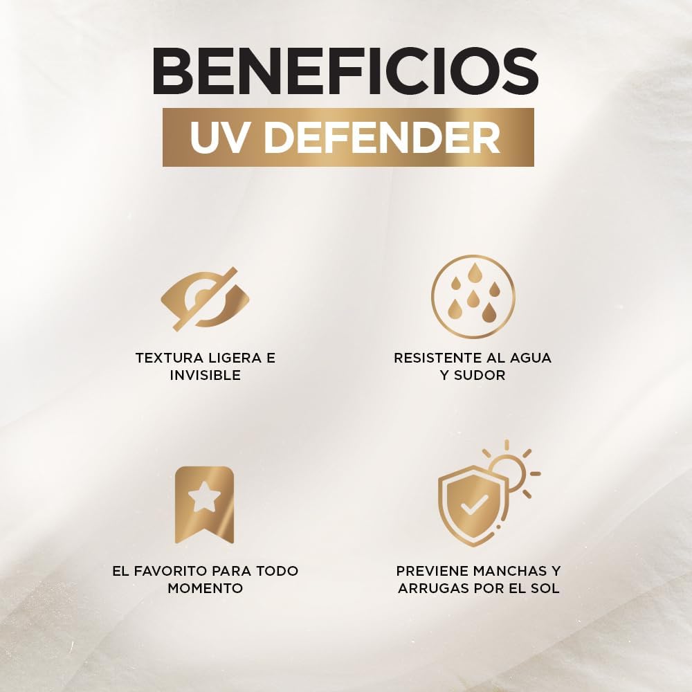 L'Oréal Paris, Protector Solar Diario FPS50+ UV Defender Fluido Invisible con ácido hialurónico, hidrata, previene líneas de expresión y protege de rayos UV, 40ml