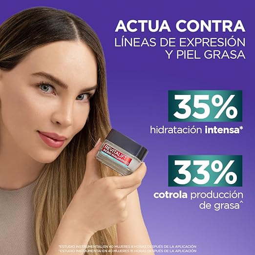 L'Oréal Paris Gel Crema facial Revitalift Ácido Hialurónico Anti-Brillo controla producción de sebo con ácido hialurónico + ácido salicílico y disminuye poros abiertos, ideal para piel grasa, 50ml