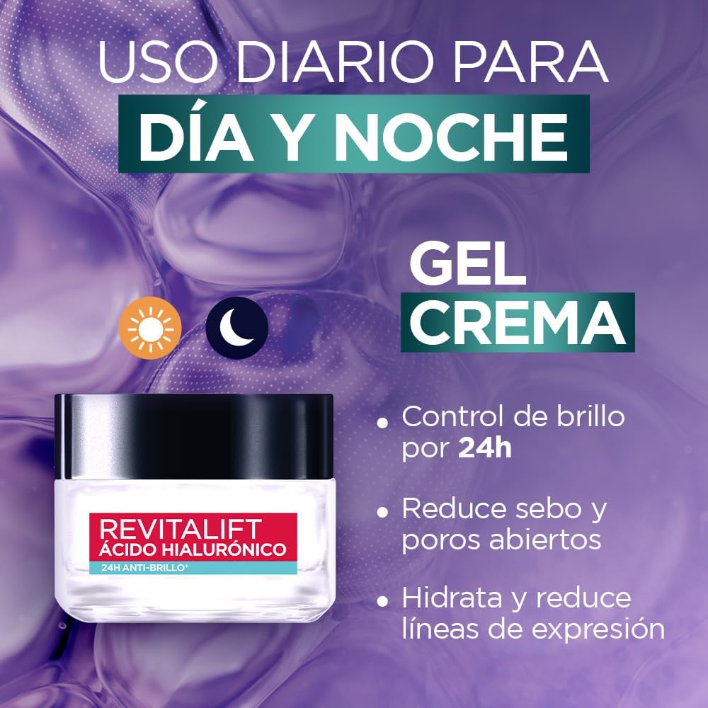 L'Oréal Paris Gel Crema facial Revitalift Ácido Hialurónico Anti-Brillo controla producción de sebo con ácido hialurónico + ácido salicílico y disminuye poros abiertos, ideal para piel grasa, 50ml