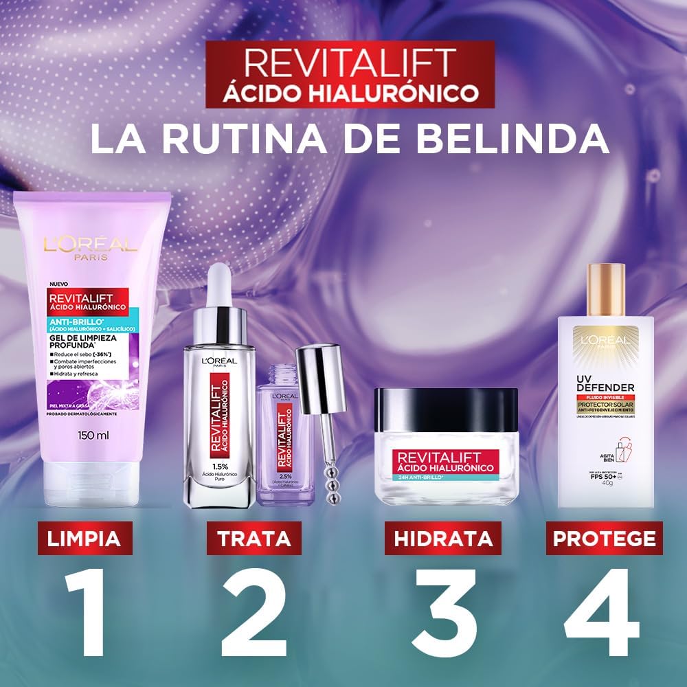 L'Oréal Paris Gel Crema facial Revitalift Ácido Hialurónico Anti-Brillo controla producción de sebo con ácido hialurónico + ácido salicílico y disminuye poros abiertos, ideal para piel grasa, 50ml