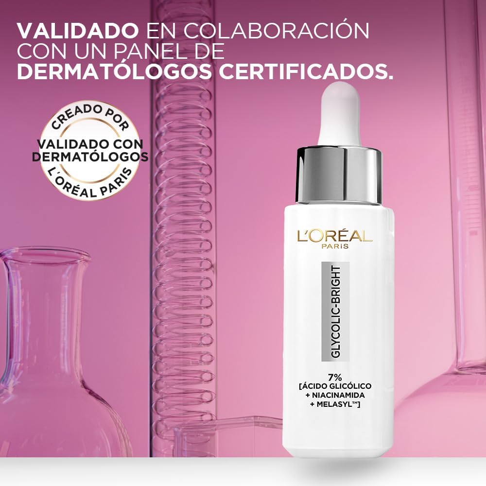L'Oréal Paris Sérum facial antimanchas Glycolic Bright, 30ml - Suero facial con Acido Glicolico, Niacinamida y Melasyl que reduce todo tipo de manchas un 86%, para tu rutina de skin care