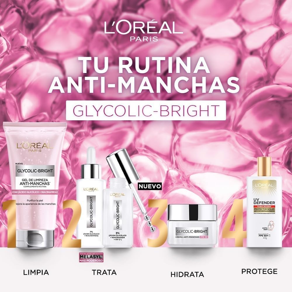 L'Oréal Paris Sérum facial antimanchas Glycolic Bright, 30ml - Suero facial con Acido Glicolico, Niacinamida y Melasyl que reduce todo tipo de manchas un 86%, para tu rutina de skin care