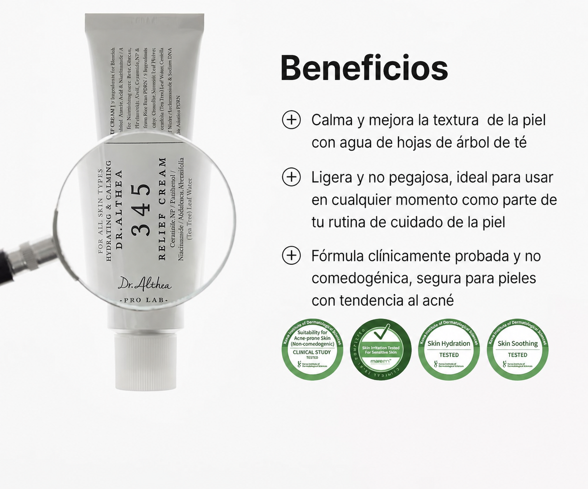 Dr. Althea 345 Relief Cream 50ml, calmante post-acné, PDRN, niacinamida, ácido hialurónico, cuidado vegano coreano