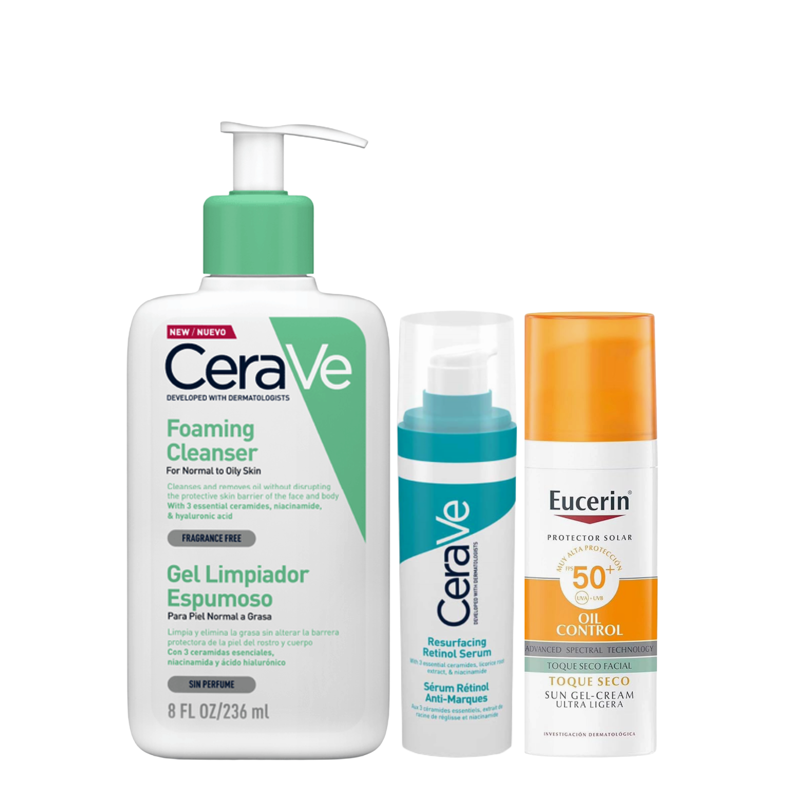 Rutina pack AntiAcné - Cerave Gel Limpiador 236ml - Cerave Sérum Retinol 30ml - Eucerin Protector Solar Toque Seco 50ml