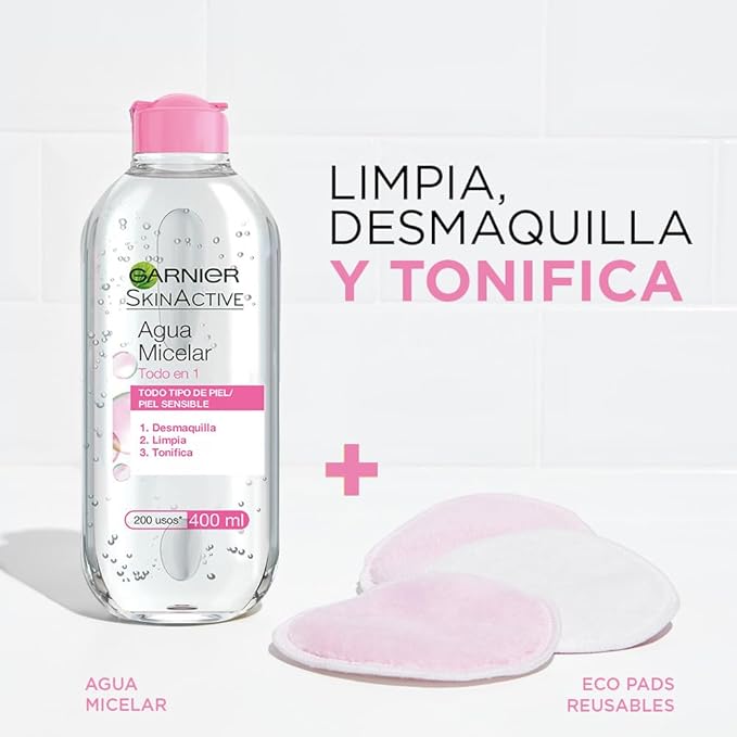 Garnier Skin Active Agua micelar desmaquillante Todo-en-1, 400ml. Limpia, desmaquilla y tonifica, para todo tipo de piel