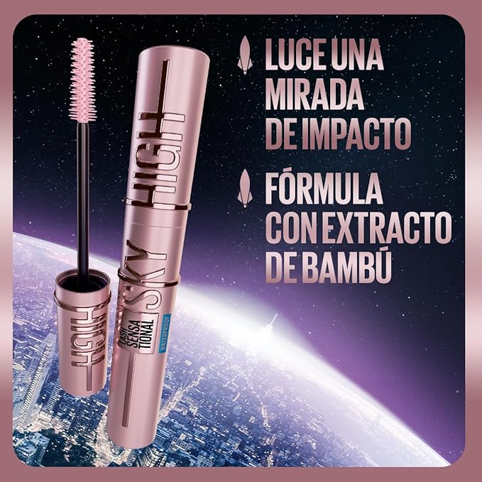 Maybelline Mascara de pestañas Sky High A prueba de agua, 6ml - Brinda alargamiento y volumen hasta por 12H, fórmula con extracto de bambú, levanta las pestañas desde la raíz, no deja grumos, waterproof