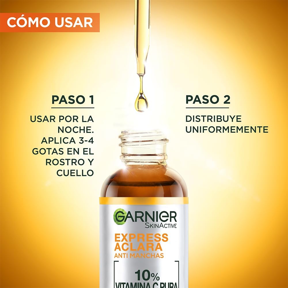 Garnier Express Aclara Serum Noche Antimanchas con 10% Vitamina C Pura para una Piel Radiante, reduce las Manchas durante la Noche, 30ml