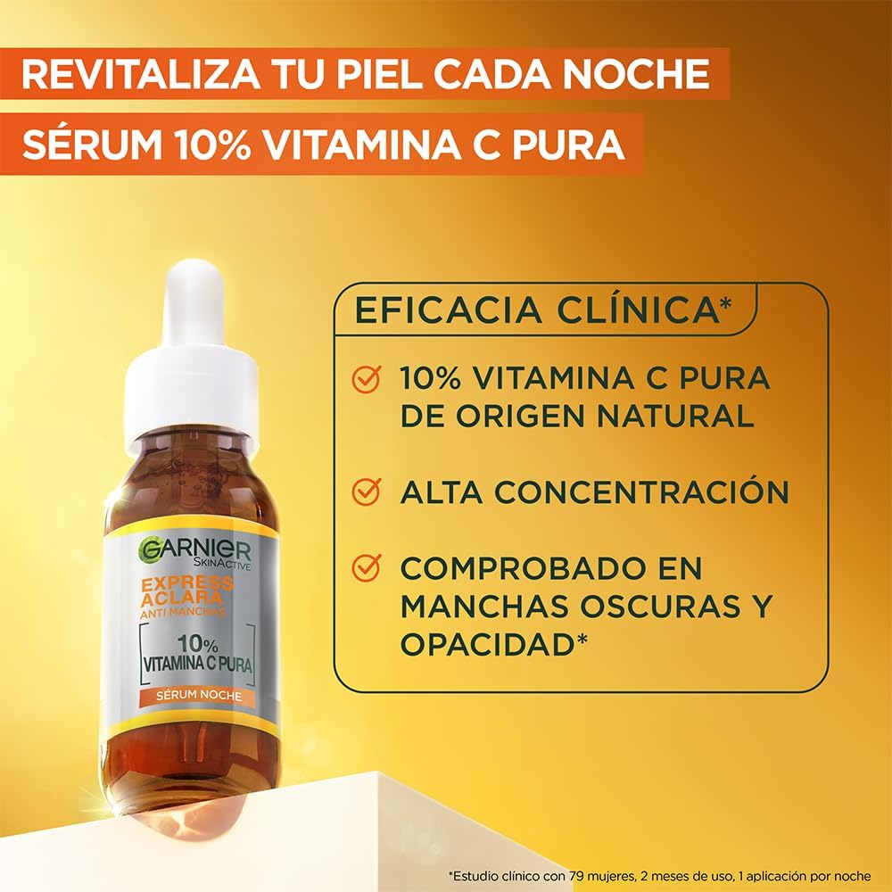 Garnier Express Aclara Serum Noche Antimanchas con 10% Vitamina C Pura para una Piel Radiante, reduce las Manchas durante la Noche, 30ml