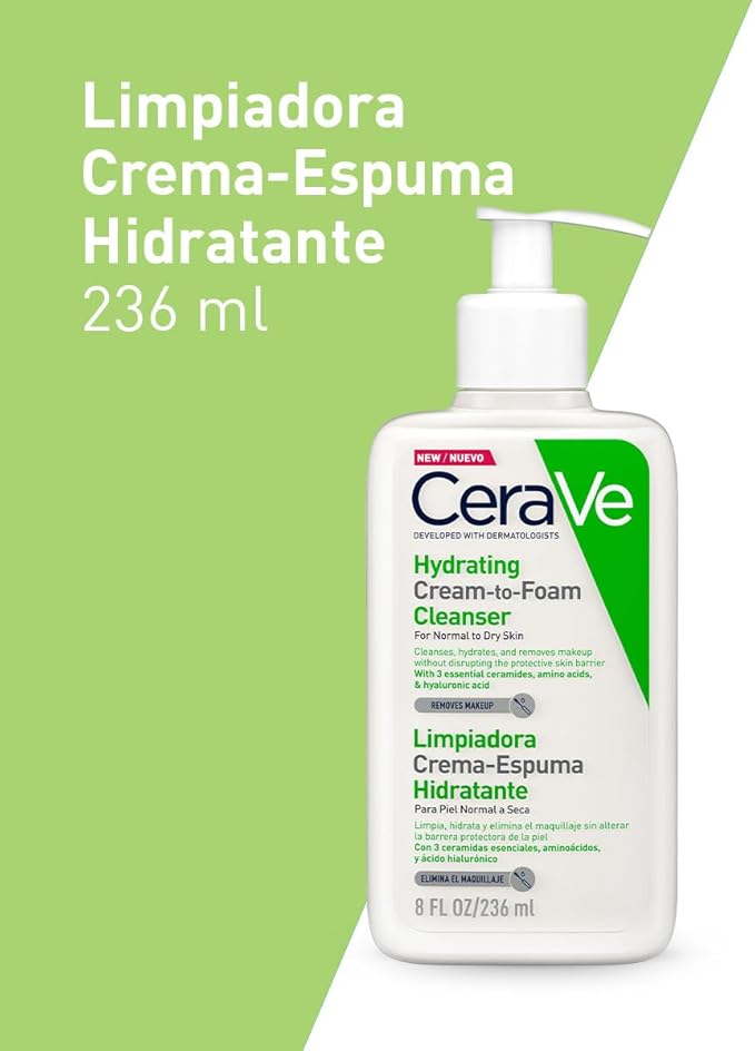 CeraVe Limpiadora Crema-Espuma Hidratante Facial Diaria para Piel Normal a Seca 236ml