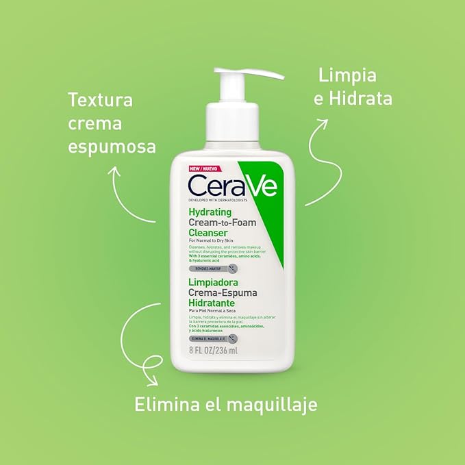 CeraVe Limpiadora Crema-Espuma Hidratante Facial Diaria para Piel Normal a Seca 236ml