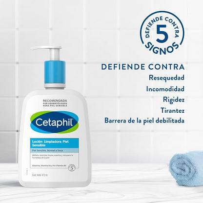 CETAPHIL Loción Limpiadora Piel Sensible 1 pz 473 ml Hidrata Mientras Limpia y Suaviza Recomendada por Dermatólogos para Piel Sensible