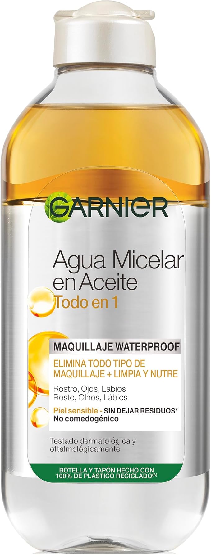 Garnier Skin Active Agua micelar desmaquillante bifásica, 400ml. Limpia, desmaquilla y nutre, remueve maquillaje a prueba de agua, para todo tipo de piel