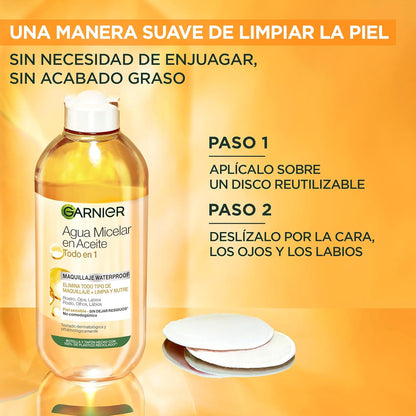 Garnier Skin Active Agua micelar desmaquillante bifásica, 400ml. Limpia, desmaquilla y nutre, remueve maquillaje a prueba de agua, para todo tipo de piel