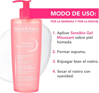 BIODERMA, Limpiador Facial, Sensibio Gel Moussant Micelar para Piel Sensible, 500 ml