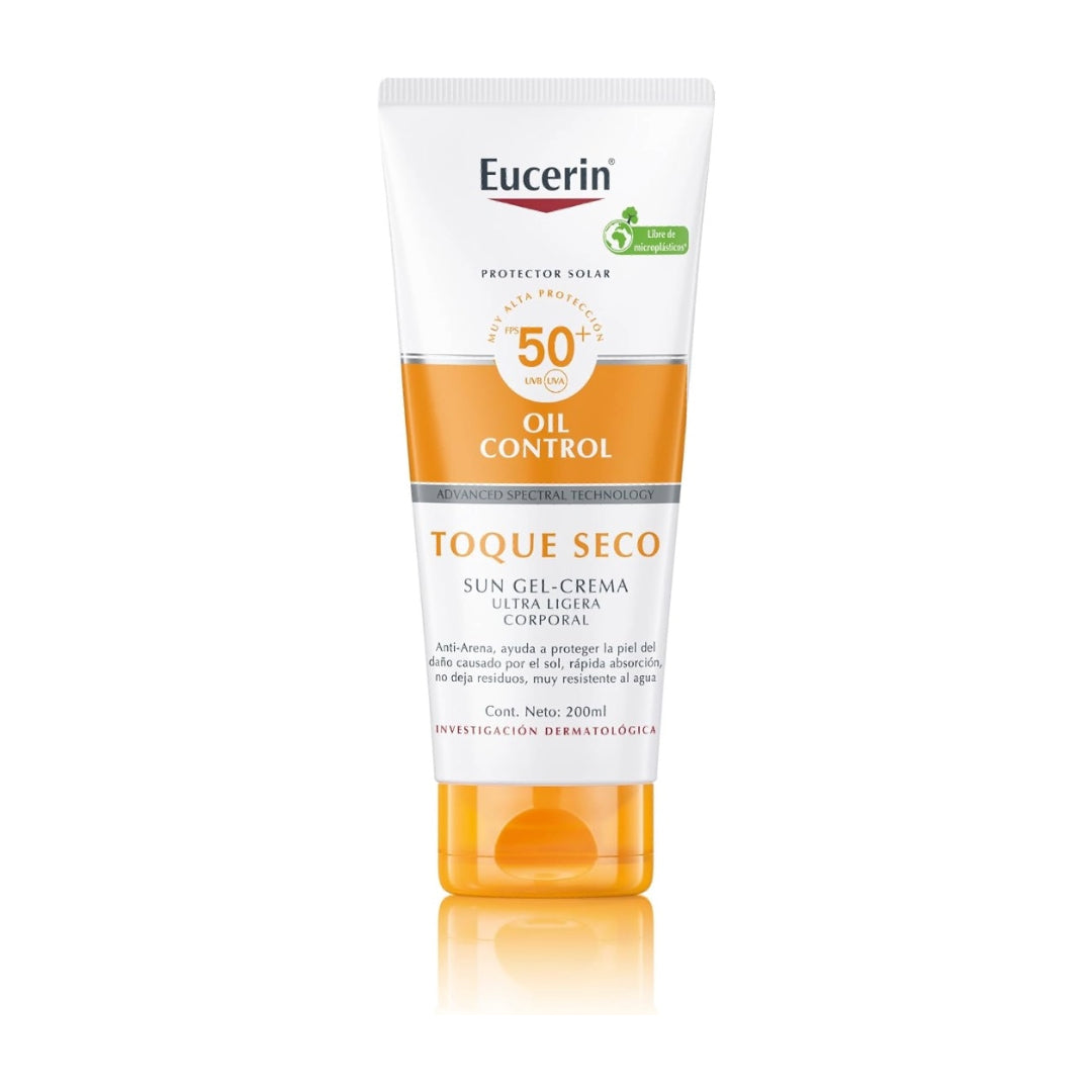 Eucerin Protector Solar Corporal Gel Cremal Oil Control FPS50 200ml Toque Seco, Rápida absorción sin sensación grasosa ni pegajosa, ideal para toda la familia. Resistente al agua y al sudor