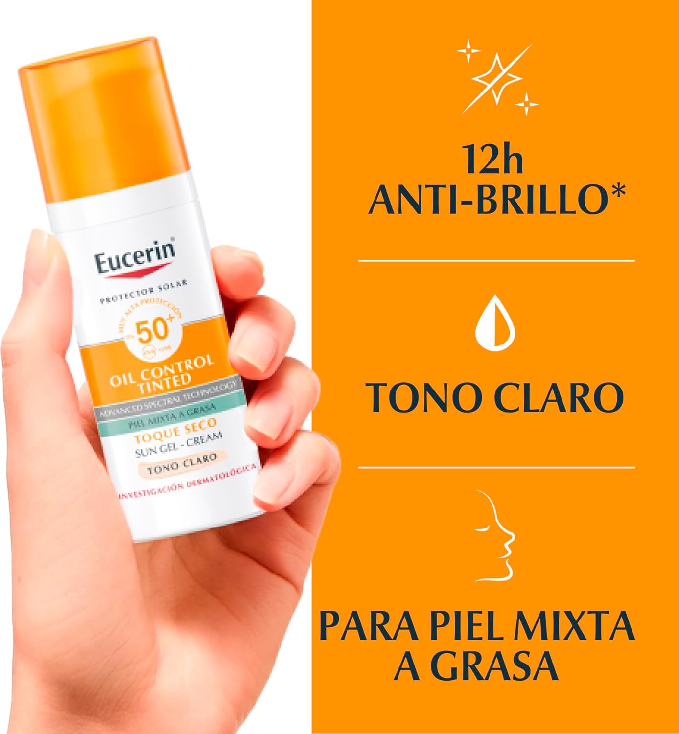 Eucerin Sun Face Oil Control FPS 50+ Tono Claro Control de Brillo (50 ml) Protector Solar Facial Efecto Mate, No pegajoso ideal para piel grasa