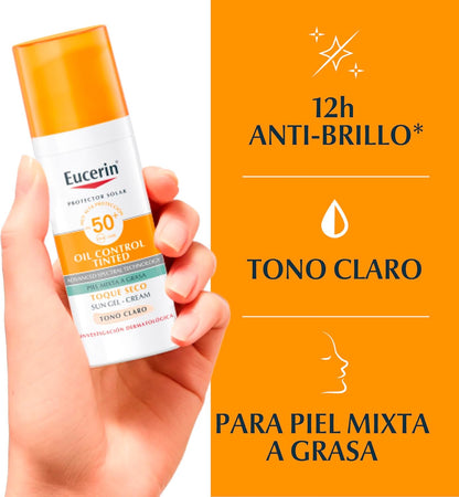 Eucerin Sun Face Oil Control FPS 50+ Tono Claro Control de Brillo (50 ml) Protector Solar Facial Efecto Mate, No pegajoso ideal para piel grasa
