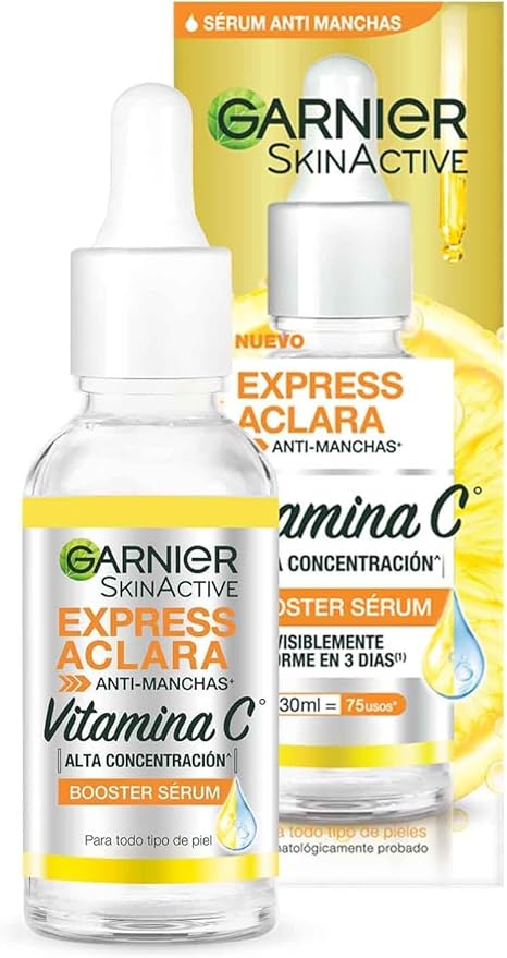 Garnier Express Aclara Sérum facial Anti manchas con Vitamina C, 30ml. Hidrata, ilumina, unifica el tono de la piel y reduce las manchas oscuras