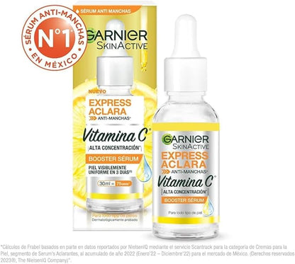 Garnier Express Aclara Sérum facial Anti manchas con Vitamina C, 30ml. Hidrata, ilumina, unifica el tono de la piel y reduce las manchas oscuras
