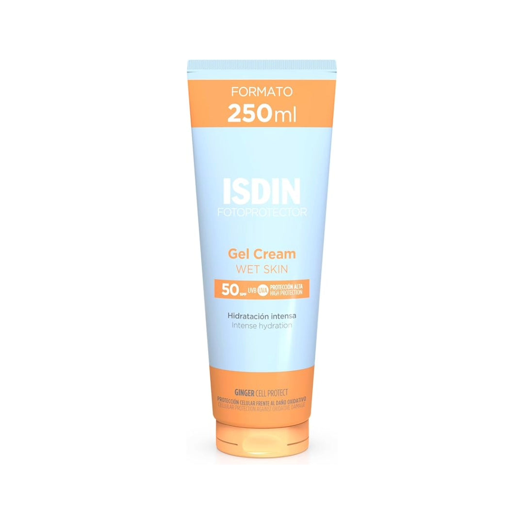 ISDIN Fotoprotector Gel Cream SPF 50+, Wet skin, Protector Solar Corporal refrescante e hidratante, Ideal para toda la familia, 250 ml