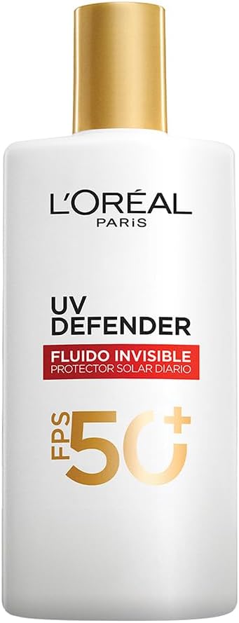 L'Oréal Paris, Protector Solar Diario FPS50+ UV Defender Fluido Invisible con ácido hialurónico, hidrata, previene líneas de expresión y protege de rayos UV, 40ml