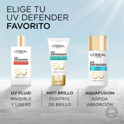 L'Oréal Paris, Protector Solar Diario FPS50+ UV Defender Fluido Invisible con ácido hialurónico, hidrata, previene líneas de expresión y protege de rayos UV, 40ml