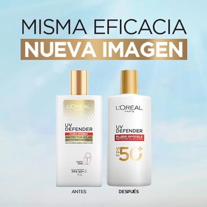L'Oréal Paris, Protector Solar Diario FPS50+ UV Defender Fluido Invisible con ácido hialurónico, hidrata, previene líneas de expresión y protege de rayos UV, 40ml