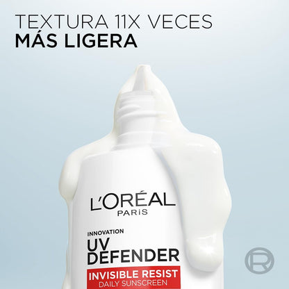 L'Oréal Paris, Protector Solar Diario FPS50+ UV Defender Fluido Invisible con ácido hialurónico, hidrata, previene líneas de expresión y protege de rayos UV, 40ml