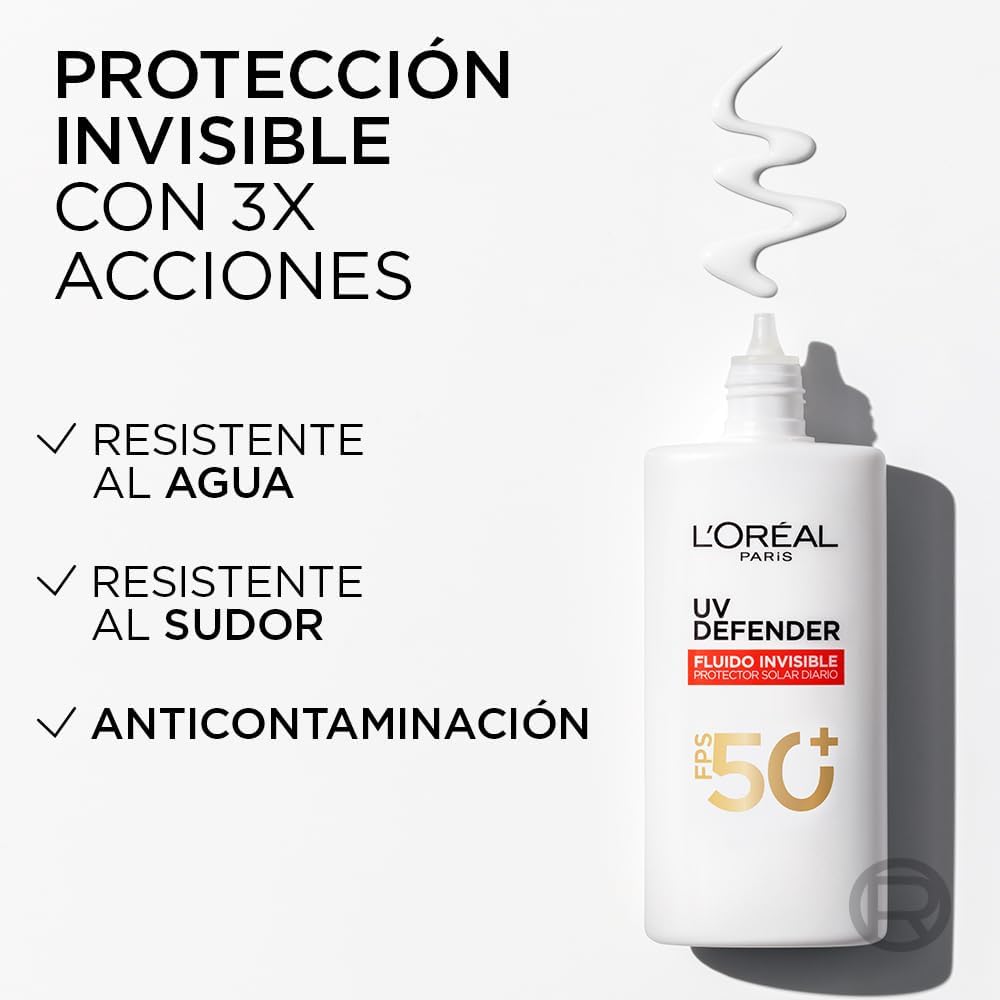 L'Oréal Paris, Protector Solar Diario FPS50+ UV Defender Fluido Invisible con ácido hialurónico, hidrata, previene líneas de expresión y protege de rayos UV, 40ml